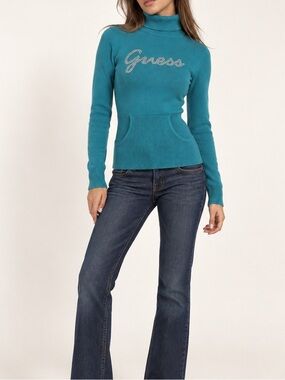 Vintage 2000s Guess Jeans Teal Rhinestone Turtleneck Sweater L